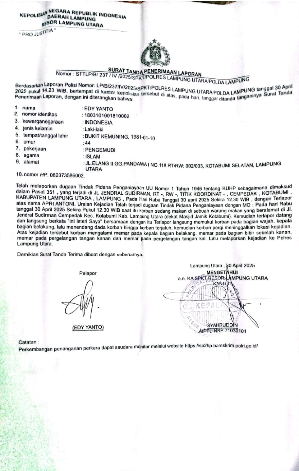 AA Oknum Guru SMPN 1 Kotabumi Dilaporkan EY (44) Ke Polres Lampung Utara Karena Melakukan Pemukulan